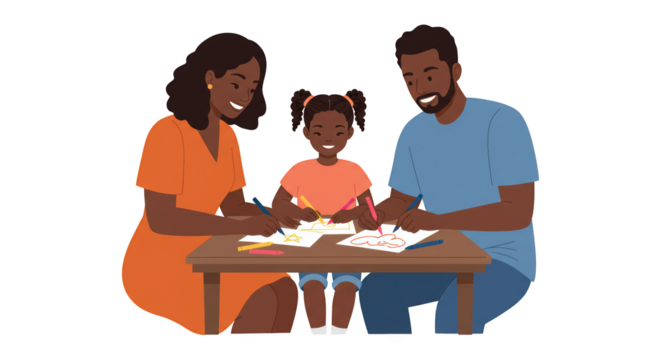 Happy Black Family Drawing Together at a Table illustration featuring together, togetherness, girl, marker,