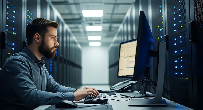 Man working on computer in server room with data racks technology infrastructure it