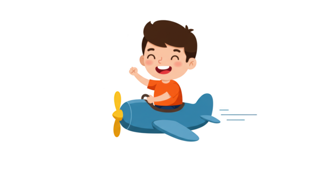 Happy Boy Flying Airplane Illustration illustration featuring positive, movement, white, design, cartoon, happy concept design for