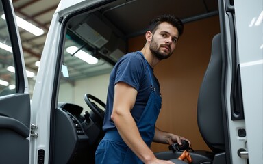Obraz premium Hardworking multicultural serviceman cleaning truck in garage. High quality