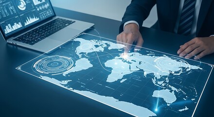 Futuristic holographic world map display with hands interacting on a futuristic desk
