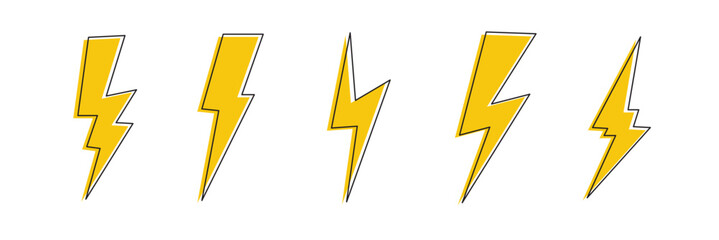 Yellow lightings on white background, set of lightning, lightning bolt icon