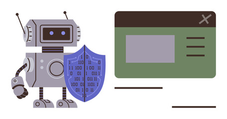 Robot with shield featuring binary code protecting browser window design. Ideal for cybersecurity, data protection, AI technology, innovation, website security, privacy awareness, simple flat metaphor