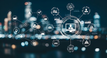 Digital network connections and futuristic technology icons over cityscape background