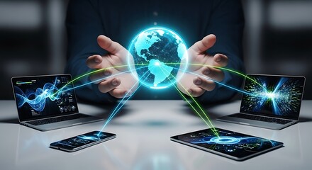 Global digital network connected by futuristic hands and devices showing technology