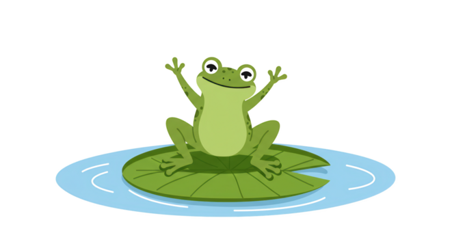 Happy Cartoon Frog on Lily Pad illustration featuring art, cute, waving, white, image, green concept design for