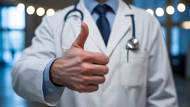 Healthcare Professional's Affirmation: A medical doctor in a crisp lab coat raises a thumbs up, conveying confidence and approval in a photorealistic moment of assurance.