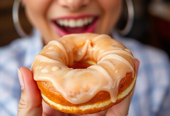 Close-up of a hand taking a large bite from a glazed donut, maple, consume
