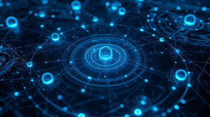 The text describes a futuristic digital network with glowing blue nodes, thin lines, circular tech patterns, and geometric rings, accompanied by a neon cyber grid and high-tech data visualization.