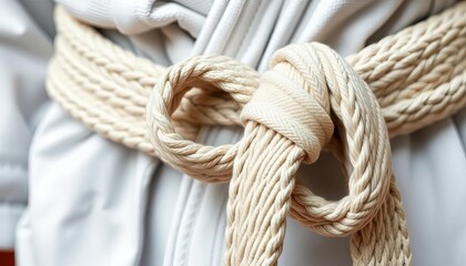 Close-up of a tied martial arts belt, showing texture and weave,  purple belt,  nylon