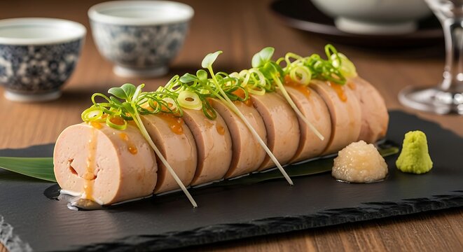 Ankimo photo with monkfish liver slices and citrus garnish