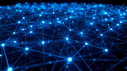 The text describes a futuristic digital network with glowing blue nodes, thin lines, circular tech patterns, and geometric rings, accompanied by a neon cyber grid and high-tech data visualization.