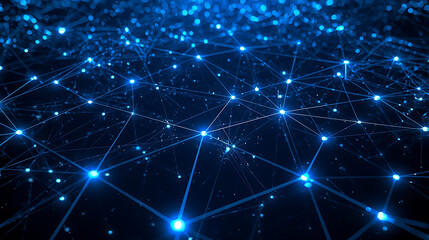 The text describes a futuristic digital network with glowing blue nodes, thin lines, circular tech patterns, and geometric rings, accompanied by a neon cyber grid and high-tech data visualization.