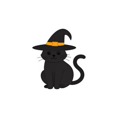 Illustration of a cute witch character with cat and owl sitting on a pumpkin with a broomstick, ready for Halloween night on a white background