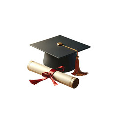 3D illustration of a graduation cap with diploma, symbolizing academic achievement, on a white background