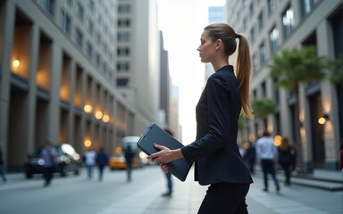 Obraz na płótnie Canvas Side view of elegant businesswoman in suit walking at financial district with laptop in hand. High quality
