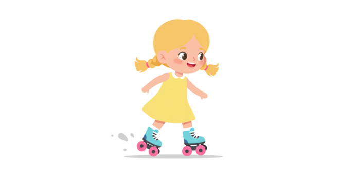 Happy Girl Roller Skating Illustration illustration featuring girl, braids, children, child illustration, yellow dress, drawing concept design