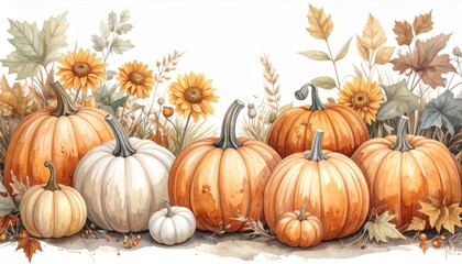 Autumnal Pumpkins with Sunflowers and Foliage in Watercolor Style Illustration on White Background