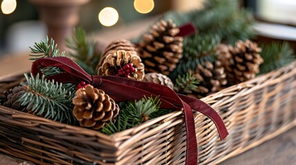 Christmas decoration with pine cones and fir branches in wicker basket