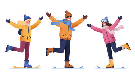 Obraz premium Happy People Skiing Winter Sports Illustration illustration featuring hobby, hat, young, smile, recreation, character