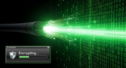 Cyber security data flow through fiber optic cable encryption digital matrix background