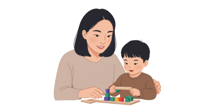 Happy Mother and Son Playing with Educational Blocks illustration featuring building, flat, son, indoor, toys,