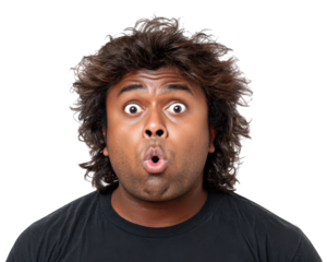 Surprised man with curly hair wide eyes and open mouth wearing black shirt isolated on transparency background expressive emotion straight side view adult male portrait
