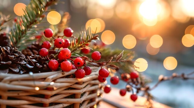 Christmas basket with pine cones, red berries and fir branches at sunset