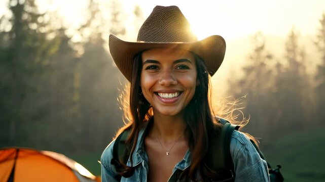 A young African American female hiker in a cowboy hat in a mountain forest looking at camera and smiling. A cheerful female hiker in a cowboy hat stands among mountain trees, smiling brightly.