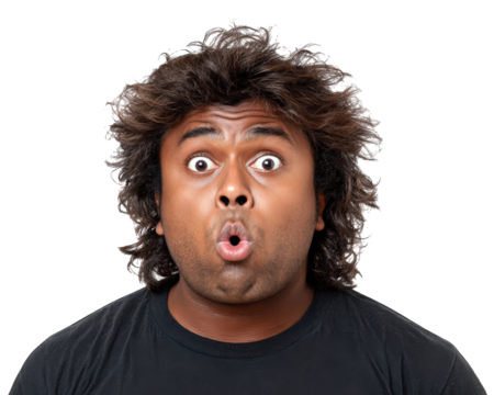 Surprised man with curly hair wide eyes and open mouth wearing black shirt isolated on transparency background expressive emotion straight side view adult male portrait