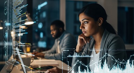 Woman working late at night analyzing complex data on glowing computer screens with digital overlays.