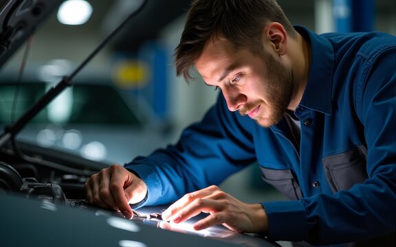 Close up of a mechanic doing car checkup with flashlight at mechanic's workshop. High quality