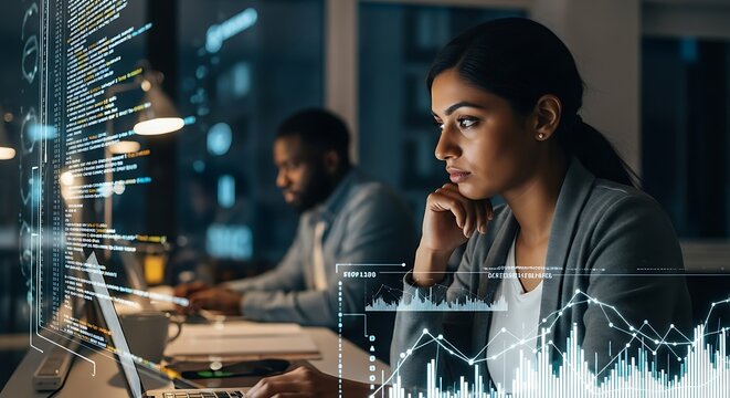 Woman working late at night analyzing complex data on glowing computer screens with digital overlays. - Powered by Adobe