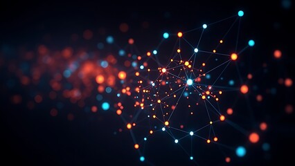 Glowing nodes form abstract data visualization on dark background, conveying futuristic technology concept.