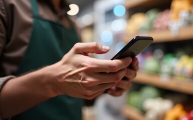 Close up of diverse man's hand holding cellphone with mobile payment app on self service checkout. High quality