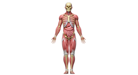 Human Body Anatomy Diagram with Muscles and Bones illustration featuring digestive system, graphic, human