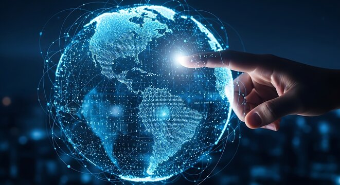 Digital globe touchscreen interface futuristic technology hand interacting with global network