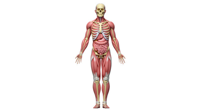 Human Body Anatomy Diagram with Muscles and Bones illustration featuring digestive system, graphic, human