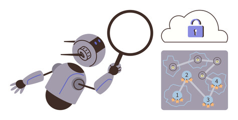 Robot holding magnifying glass examines cloud security and numbered network paths. Ideal for technology, AI, cybersecurity, data analysis, cloud computing, research, network systems. A simple flat