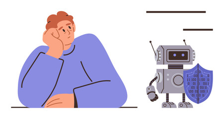 Young person resting head on hand facing a robot with a shield, evoking themes of artificial intelligence, cybersecurity, and human-machine interaction. Ideal for technology, innovation, safety