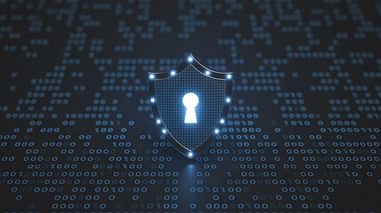 Digital padlock icon glowing brightly in the center of a dark background with binary code and network connections
