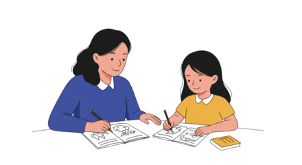 Mother and Daughter Drawing Together illustration featuring activity, line, pencil, homework, style, parent concept design for modern