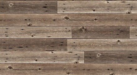 Closeup of weathered horizontal wooden planks arranged in a staggered pattern Each plank shows visible knots nails and grain