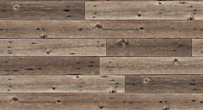 Closeup of weathered horizontal wooden planks arranged in a staggered pattern Each plank shows visible knots nails and grain