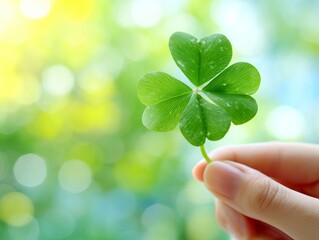 手に持った四つ葉のクローバーが輝く幸運のシンボル