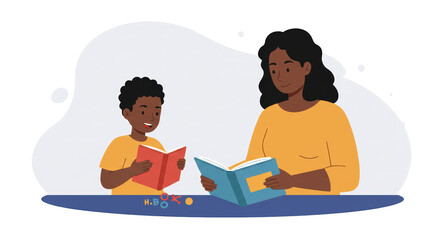 Mother and Son Reading Together illustration featuring black, page, cover, learn, story, orange concept design for modern creative