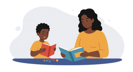 Mother and Son Reading Together illustration featuring black, page, cover, learn, story, orange concept design for modern creative