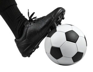 Soccer Player Foot on Black Cleat Kicking Ball, Side View, Transparent PNG