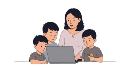 Mother and Sons Using Laptop illustration featuring curious, joy, home, graphic, studying, children concept design for modern creative