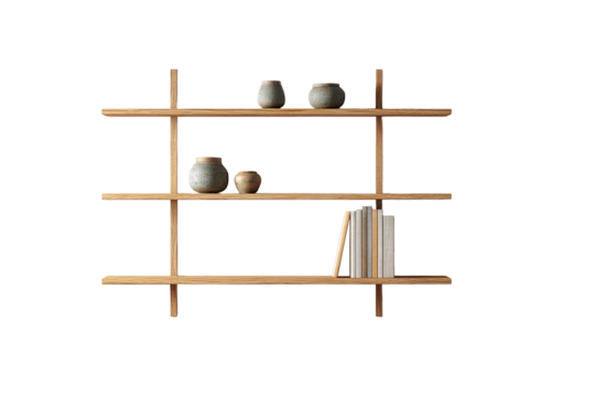 Wooden wall shelf with three tiers.  Small light-colored ceramic vases and books displayed.  Simple, minimalist design